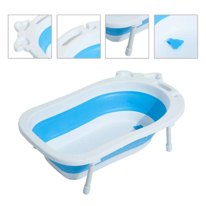 HOMCOM Bañera para Bebé y Niño para Baño Infantil Plegable Portátil y Segura Certificado EN71-1-2-3 Material PP+TPE Color Blanco y Azul 89x53.5x22cm