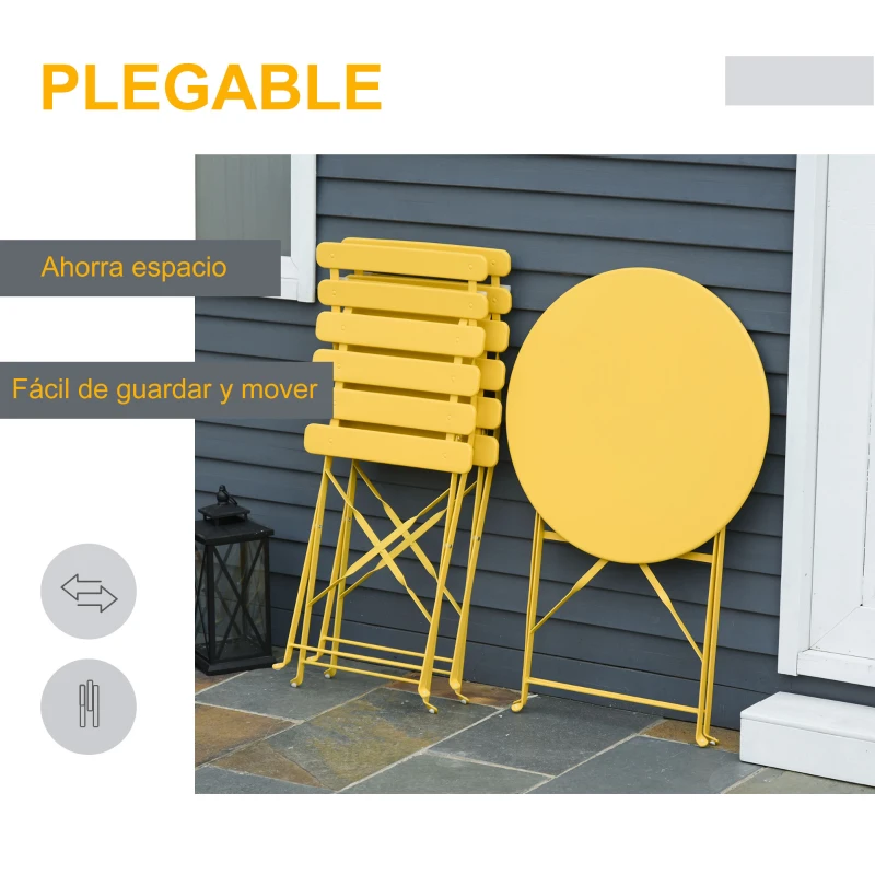 Outsunny Conjunto Muebles Plegables de Jardín de 3 piezas Mesa y 2 Sillas de Metal para Balcón Terraza Exteriores Ø60x71 cm Amarillo