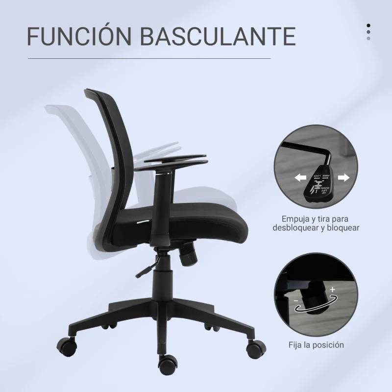 Vinsetto Silla de Oficina Ligera Silla de Juvenil con Altura Ajustable Reposabrazos Soporte Lumbar Respaldo Transpirable y Función Basculante 58x60x89-99 cm Negro