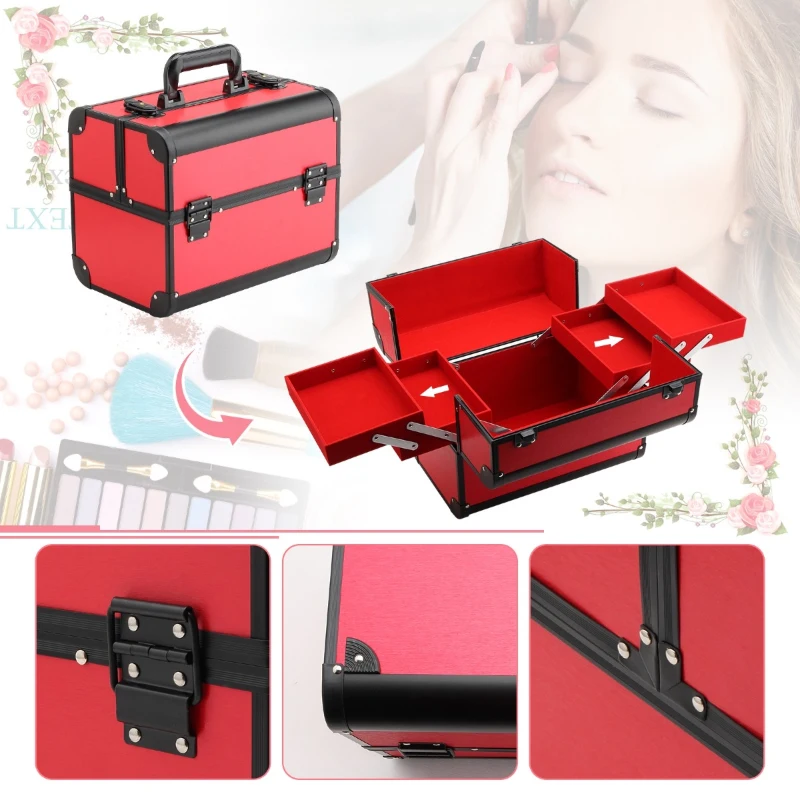 Maletín De Maquillaje Portátil para Cosméticos y Bisutería con Organizador de Tocador Con Bandeja Desplegable Asa y Cerradura Aleación de Aluminio 32x21x26 cm Rojo y Negro