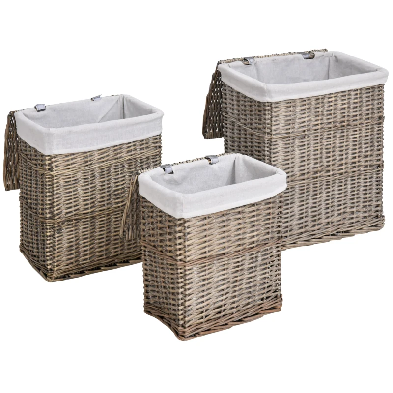 HOMCOM Set de 3 Cesto para Ropa Sucia Mimbre Canastas de Almacenamiento con Tapas y Forros Extraíbles Grueso Gris