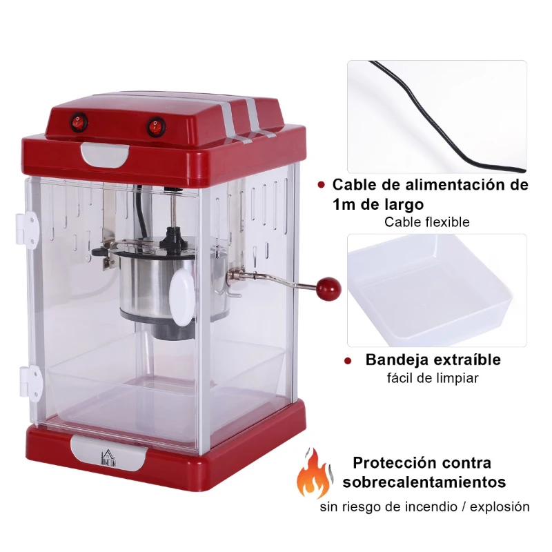 HOMCOM Palomitas Máquina Portátil Palomitero de Maíz con Olla Interior de Acero Inoxidable 310w 24.5x28x43cm