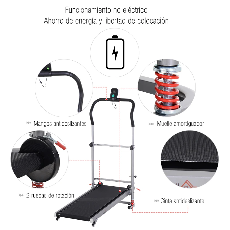 HOMCOM Cinta de Andar Manual Caminadora Plegable Portátil Pantalla LCD 2 Ángulos Reclinables Carga 110kg Altura 112-129cm