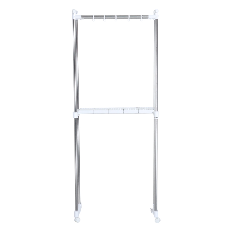 HOMCOM Estantería para Lavadora con Ganchos Ruedas y Estante tipo Mueble de Baño 71x42.5x178cm Color Blanco y Acero Inox.