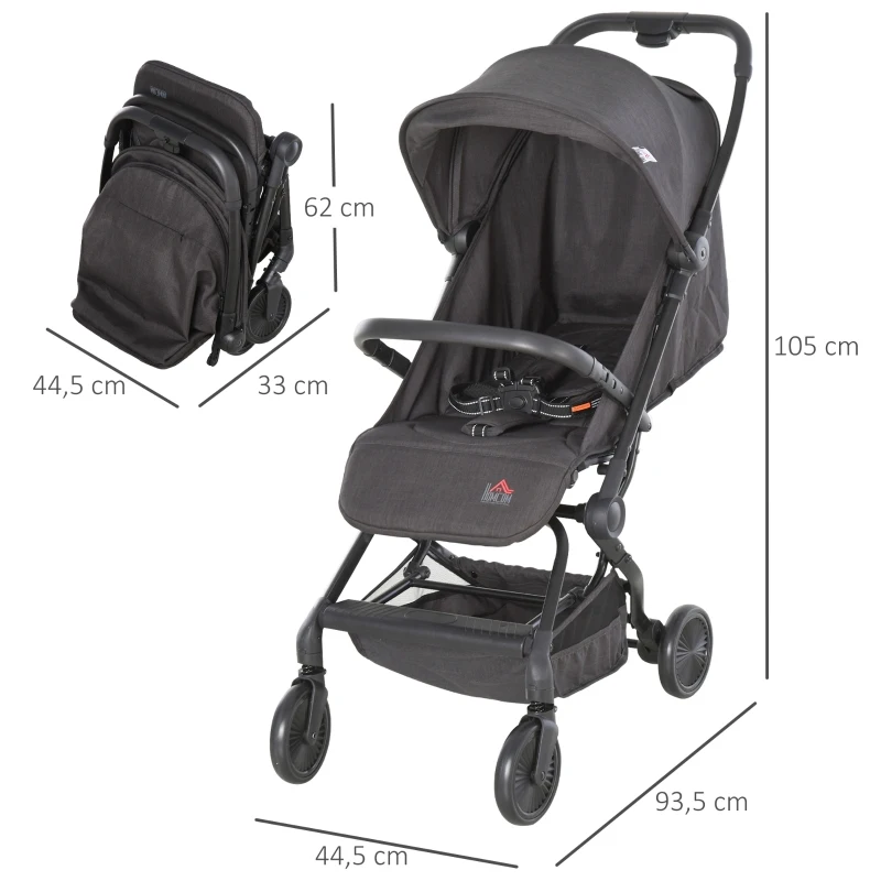 HOMCOM Silla de Paseo Plegable Ligero Cochecito para Bebé a partir 6 Meses Asiento Reclinable Cinturón de Seguridad Toldo Extraíble 44,5x93,5x105cm Gris