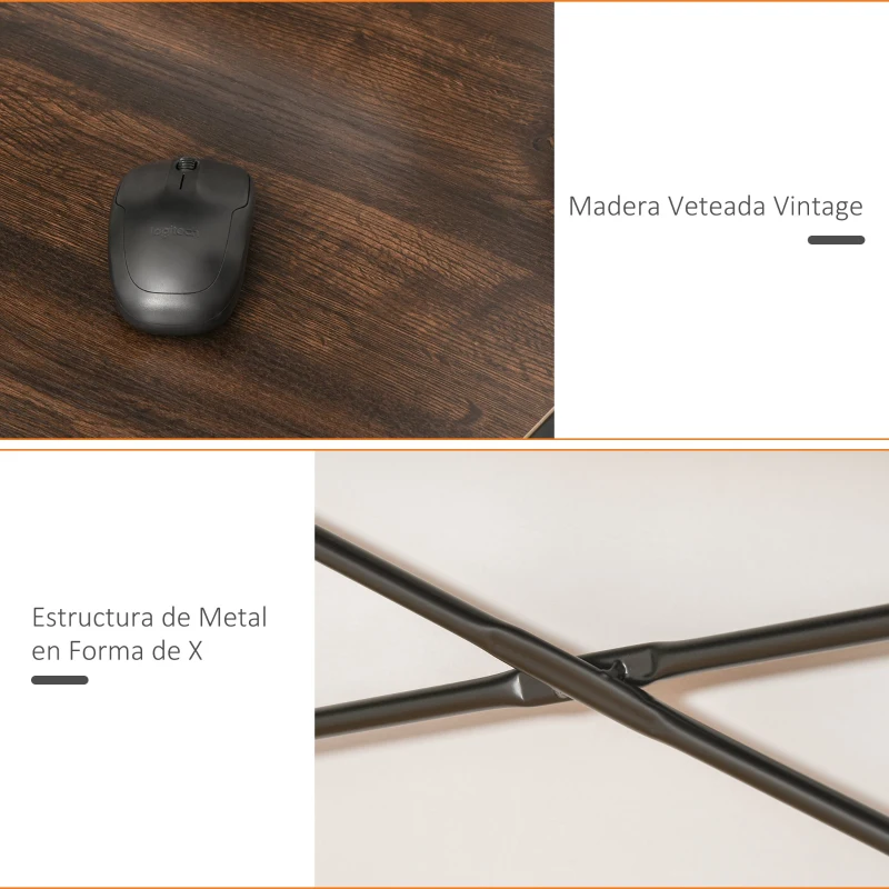 HOMCOM Mesa de Ordenador Escritorio de Oficina con Marco Metálico Plegable en Forma de X Estable Diseño Industrial 100x50x72,5 cm Marrón Rústico