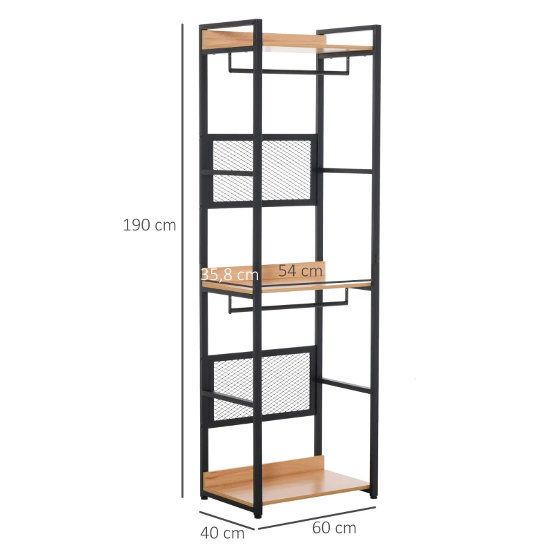 HOMCOM Perchero de Entrada 2 en 1 con 3 Estantes de Almacenaje y 2 Barras Colgar Ropa para Pasillo Dormitorio Sala de Estar 60x40x190 cm Negro Madera Natural
