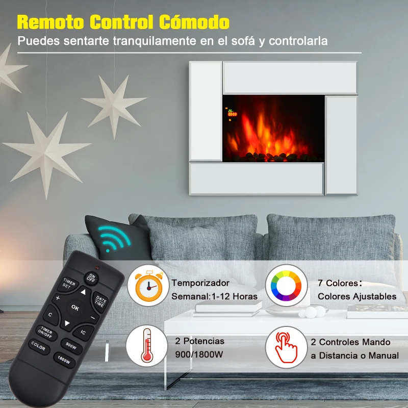 HOMCOM Chimenea Eléctrica de Pared 7 Color Control Remoto Programable 7 días 900/1800W Calefactor Eléctrico con Iluminación LED 66x52x10.7cm Acero y Vidrio