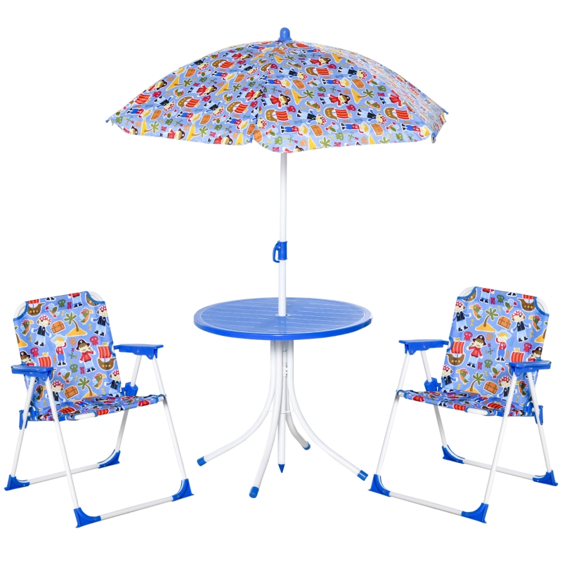 Outsunny Set de Mesa y Sillas Exterior Infantil Conjunto de Picnic Plegable para Jardín Juego de Mesa con Sombrilla Ajustable 100-125 cm Protección de UV Azul / Rojo