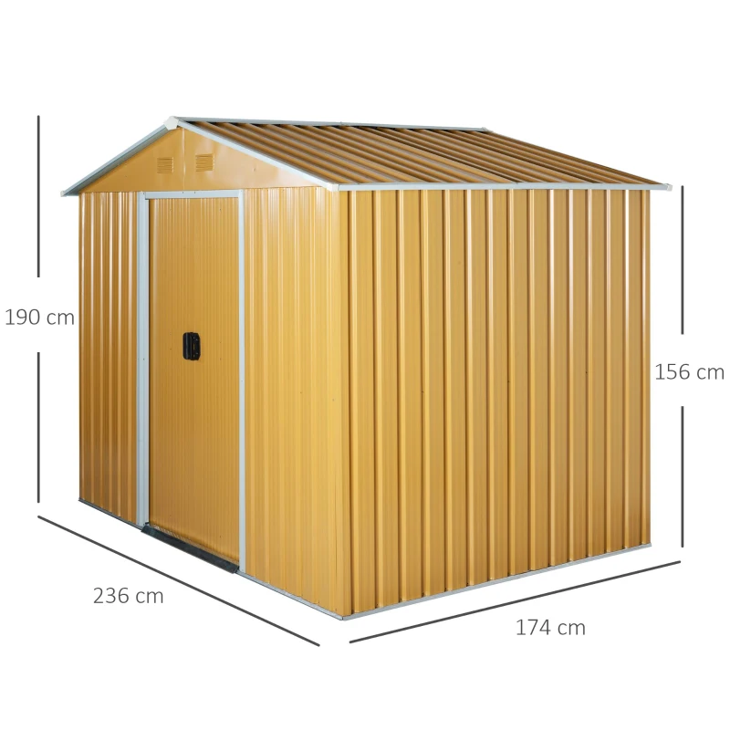 Outsunny Caseta de Jardín Exterior 3,6 m² 236x174x190 cm Cobertizo de Jardín Exterior con 2 Puertas Correderas Techo Inclinado y 4 Ventanas para Patio Terraza Amarillo Mostaza