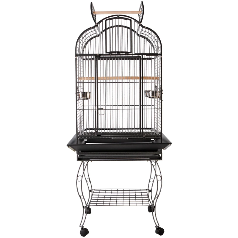 PawHut Jaula de Pájaros Pajarera Metálica para Aves con 2 Puertas Perchas y Rejilla Deslizable Bandeja Extraíble 4 Ruedas 75x69x159 cm Gris Oscuro