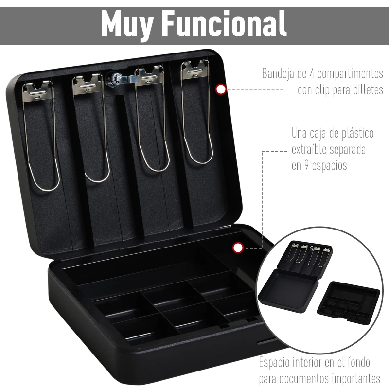 HOMCOM Caja de Efectivo con Bandeja para Dinero 4 para Billetes Múltiples Comportamientos Cerradura con Llave de Alta Seguridad Agujero Conveniente Manija Acero 30x24x9 cm Negro