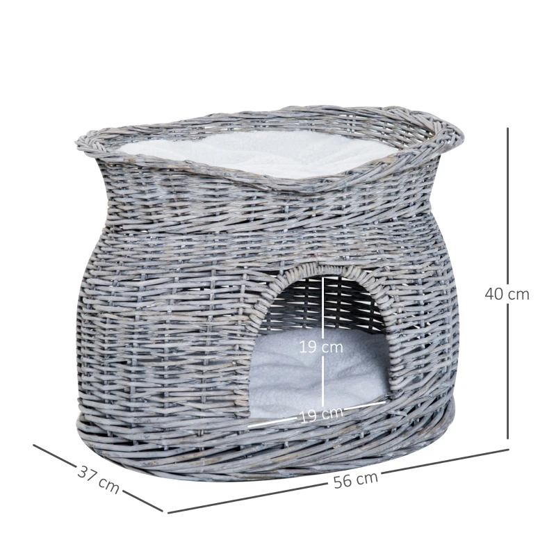 PawHut Cesta de Mimbre para Gatos de 2 Alturas con Cama y Cueva con Cojines Lavables 56x37x40 cm Gris