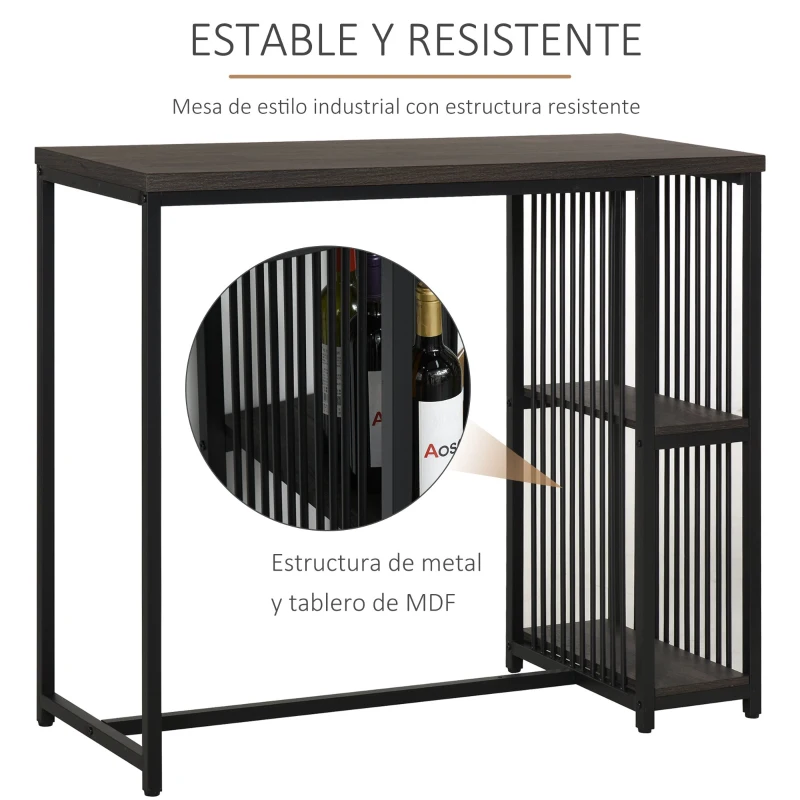 HOMCOM Mesa de Bar Bistro Mueble Auxiliar de Comedor Industrial con 2 Estantes y Dispositivo Antivuelco de Metal y Madera Carga 100 kg 120x50x100 cm Nogal
