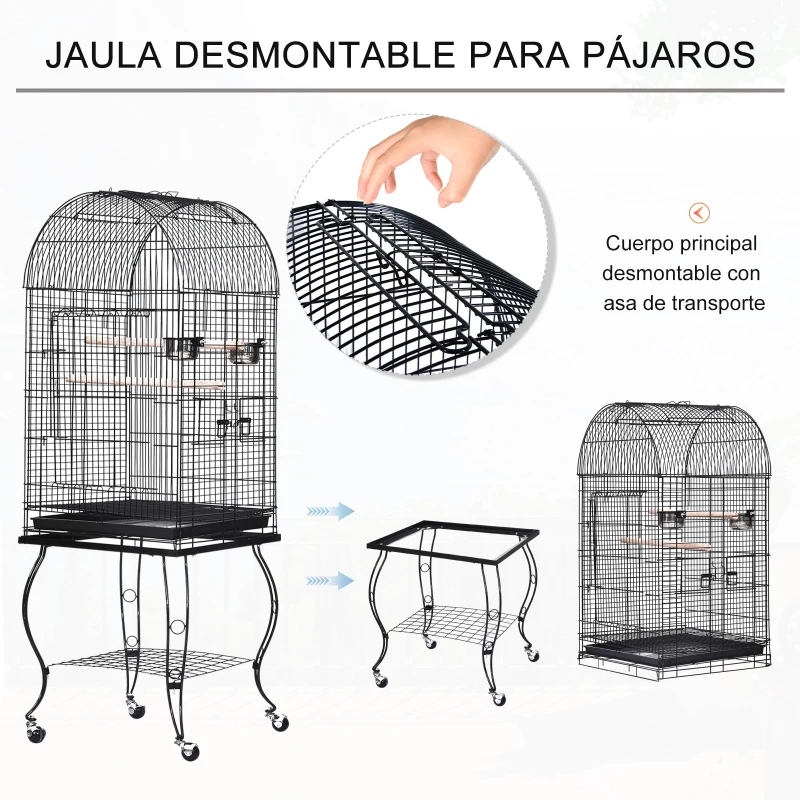 PawHut Jaula para Pájaros con Soporte y Ruedas Jaula Grande de Metal con Bandeja Extraíble 4 Puertas y 2 Comederos para Loros Guacamayos 53x53x153 cm Negro