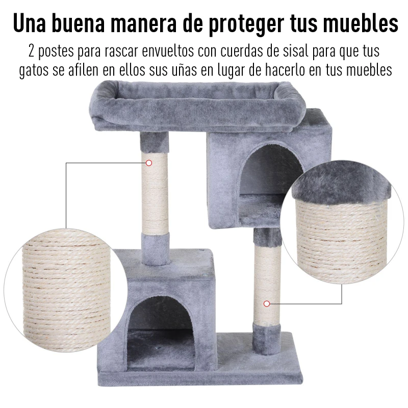 PawHut Árbol Rascador para Gatos Centro de Actividades para Mascotas con 2 Cajas Plataforma Cubierto de Felpa Suave Postes de Sisal Ecológico 60x40x86 cm Gris
