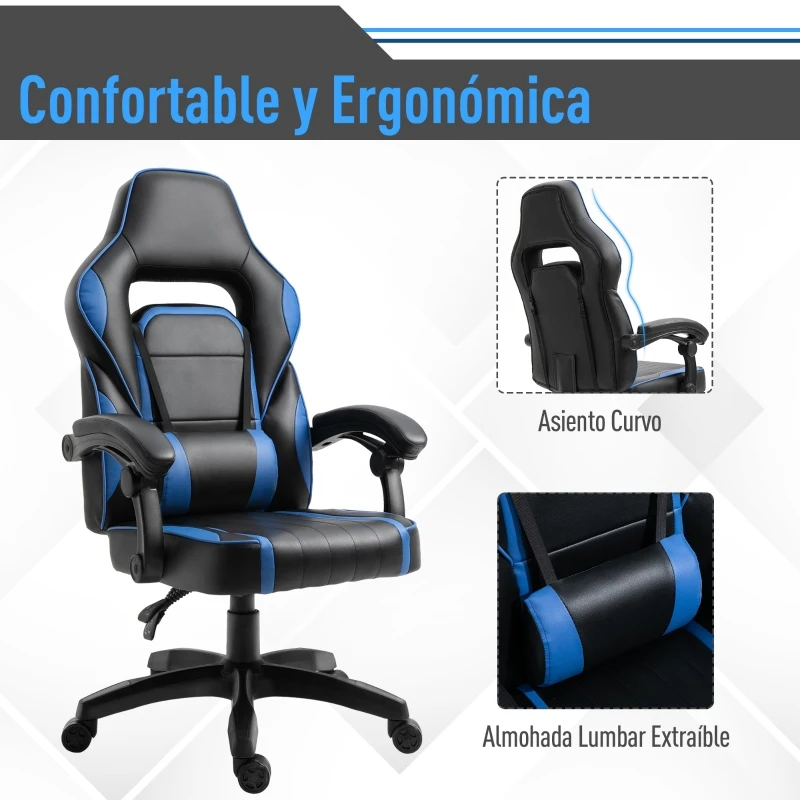 Vinsetto Silla de Oficina Ergonómica Ajustable en Altura Reclinable hasta 135° Silla Gaming Racing con Respaldo Alto Reposabrazos Regulable Asiento Acolchado 64x69x119-129 cm Azul