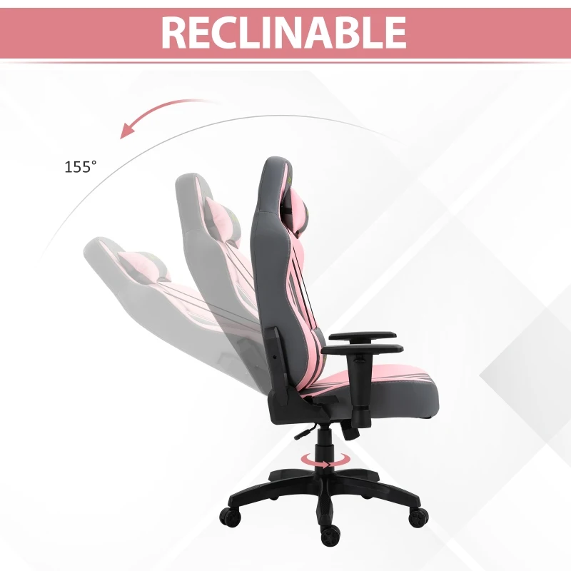 Vinsetto Silla Gaming Silla para Gamers Silla de Oficna Escritorio Ergonómico Reclinable Altura Ajustable con Almohadilla Ruedas Alta Comodidad 71x58x125-133 cm Rosa y Gris