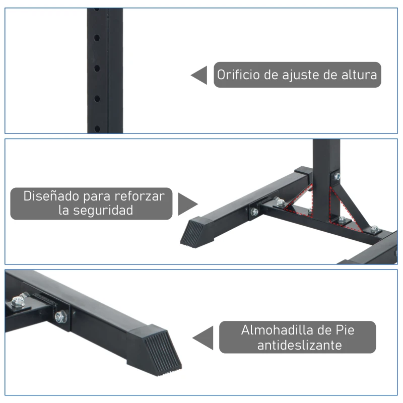 HOMCOM Soporte Barra Pesas Estantes Ajustables de 12 Niveles Barra Levantamiento Pesas Gimnasio Max. 150 KG Acero 52x48x108-163 cm Negro