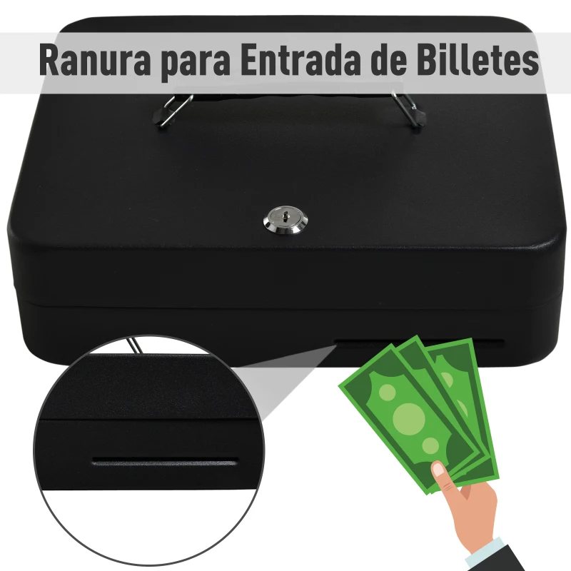 HOMCOM Caja de Efectivo con Bandeja para Dinero 4 para Billetes Múltiples Comportamientos Cerradura con Llave de Alta Seguridad Agujero Conveniente Manija Acero 30x24x9 cm Negro