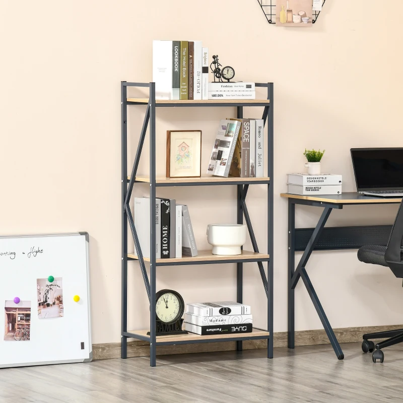 HOMCOM Estantería Librería de 4 Niveles Estante de Almacenaje de Estilo Industrial para Sala de Estar Oficina 64x30x130 cm Color Natural y Azul