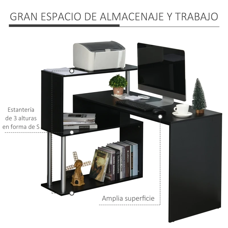 HOMCOM Escritorio de Esquina en Forma de L Mesa de Ordenador con Estantes de 3 Niveles de Almacenaje para Oficina o Estudio 120x80x97 cm Negro