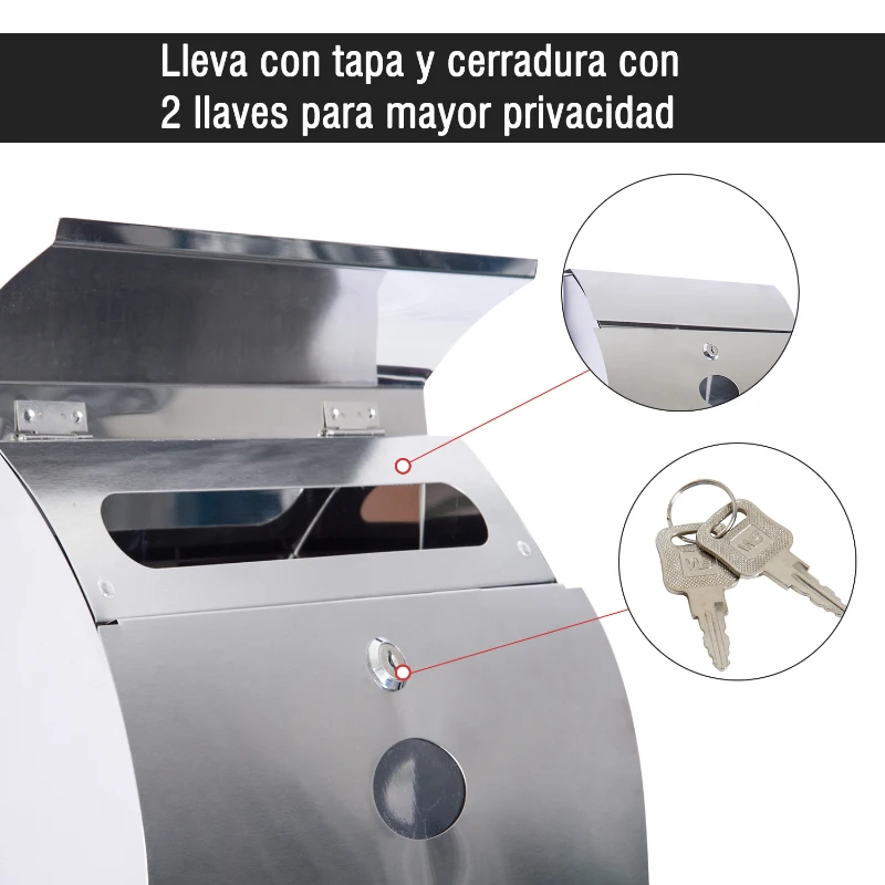 HOMCOM Buzon Correos Postal 31x11.5x41cm Acero Inoxidable + 2 Llaves Compartimento Periodico Correspondencia