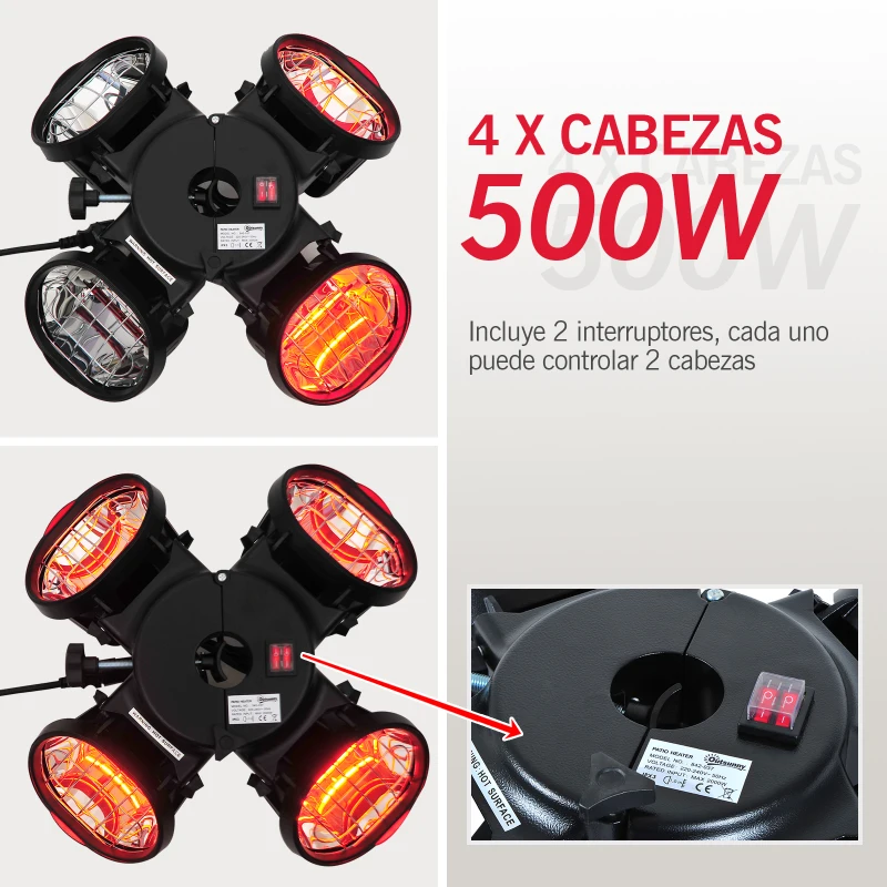 Outsunny Calefactor Infrarrojo Calentador Eléctrico de Exterior Patio Montado en Sombrilla Poste 2000W 4 Cabezas Φ55.5x13cm Acero y Aluminio