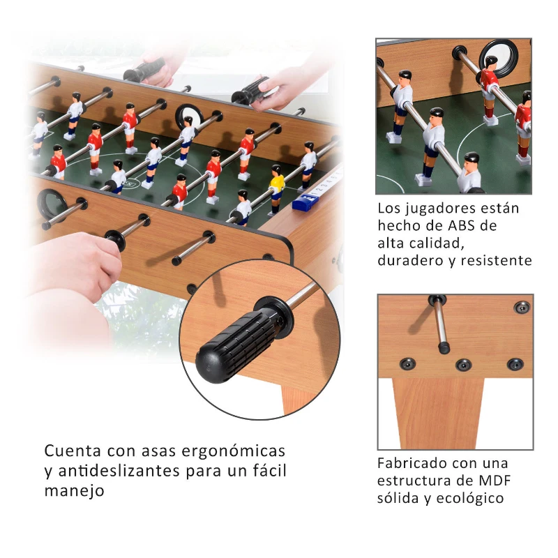 HOMCOM Futbolín de Mesa para Niños de +3 Años Juego Mesa de Fútbol de Madera con 2 Bolas 6 Asas 2 Marcadores de Puntos 18 Jugadores 69x37x24 cm Natural