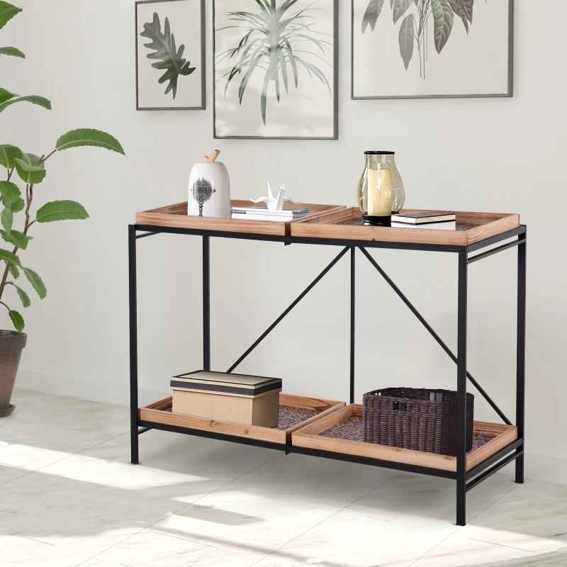 HOMCOM Consola Vintage Industrial Plegable Estantería de 2 Niveles Multiusos de Metal y Madera Carga 40kg 120x40x84cm
