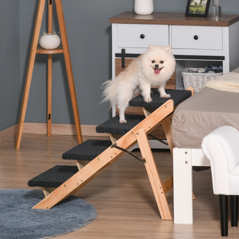 PawHut Escalera de Madera para Perros Plegable 2 en 1 Rampa para Mascotas Portátil con 4 Escalones para Acceso al Sofá y Cama Alta 80x47x64 cm Negro y Natural