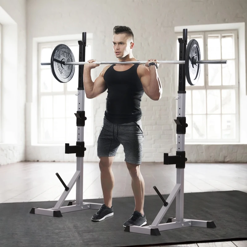 HOMCOM Soporte para Barras de Pesas Ajustable Estante Multifuncional 2 Piezas de Acero Carga 200 kg Entrenamiento para Gimnasio Casa 105x71x135-190 cm Plata y Negro