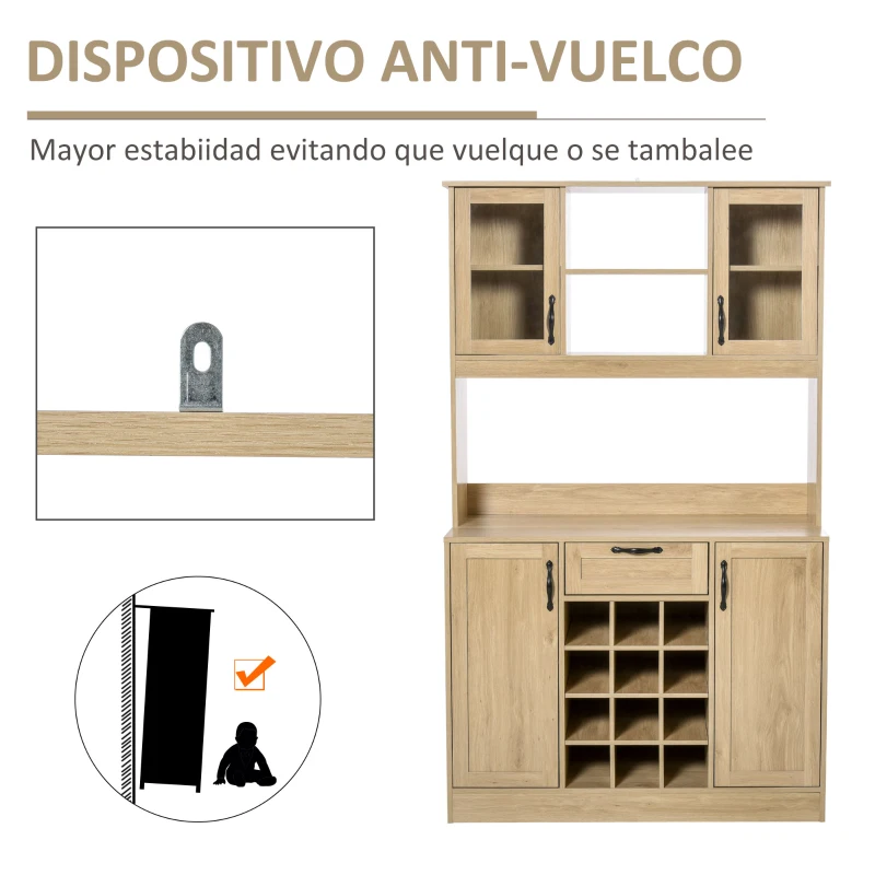 HOMCOM Alacena de Cocina Aparador Comedor para Microondas con Botellero Cajón 2 Estantes Abiertos y 4 Armarios con Puerta 106x48x180 cm Roble