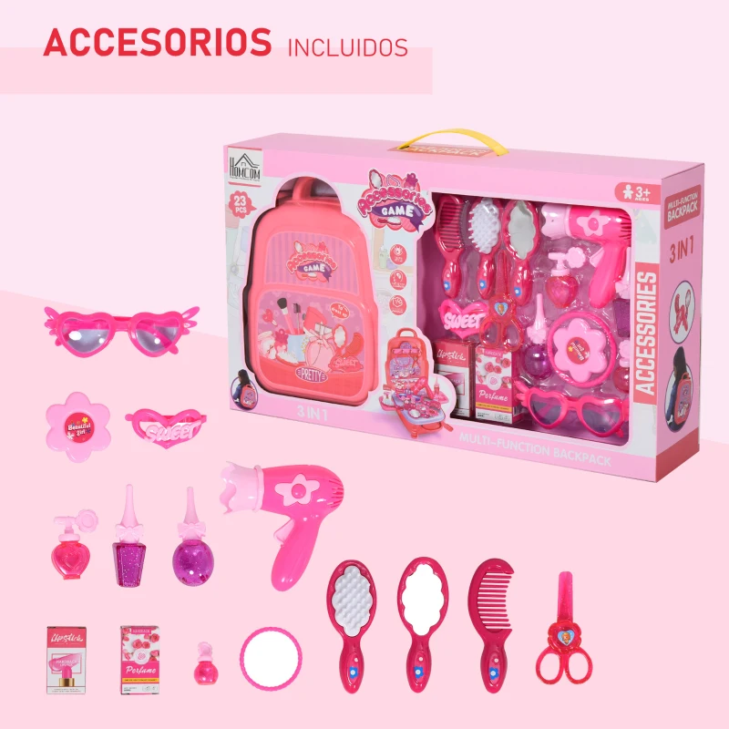 HOMCOM Maletín de Belleza para Niñas de +3 Años Juguete de Peluquería Diseño 3 en 1 Mochila Bolso Mesa con Espacio de Almacenaje 30x28x30 cm Rosa
