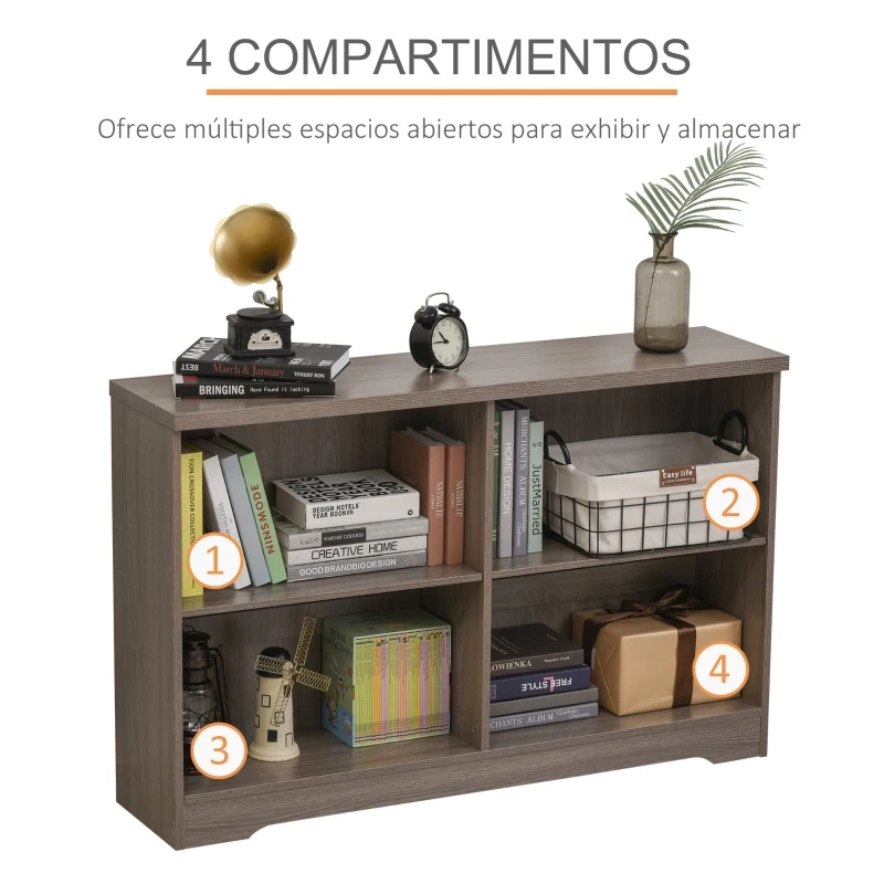 HOMCOM Estantería de Madera Librería Biblioteca de 4 Compartimentos con Baldas Ajustables para Libros Archivos 119,5x29,5x76,5 cm Marrón nogal