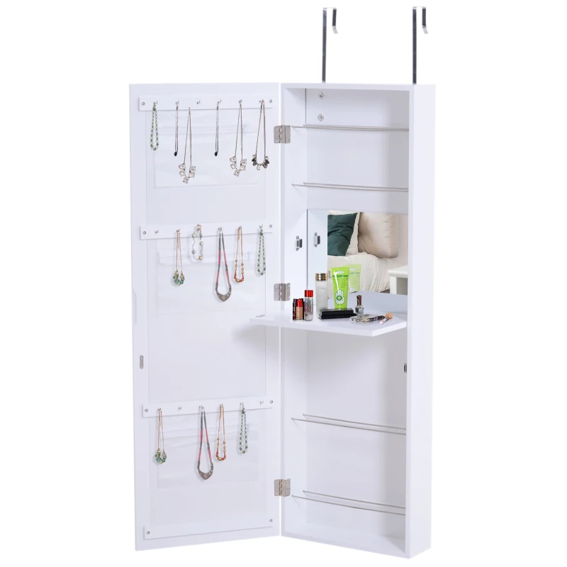 HOMCOM Espejo Joyero de Pared Armario para Joyas Guardajoyas Espejo Interior Montado en Pared Colgado en Puerta Madera 36x11.5x108.5cm Blanco