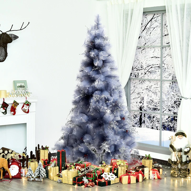 HOMCOM Árbol de Navidad 210cm Artificial Árbol de Pino Decoración Navideña con Piezas de Decoración 499 Ramas Gris Metal PET