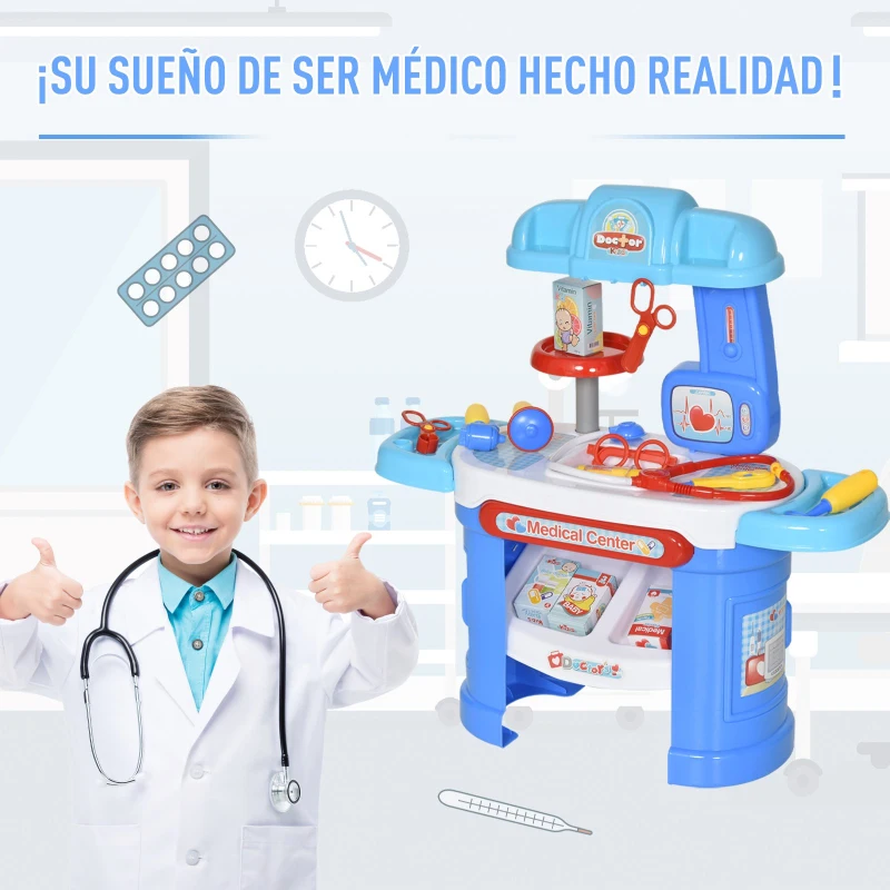 HOMCOM Juego de Médico de Simulación 26 Piezas Educativo Diseño Realista Juego de Rol Enfermería Doctor para Niños de +3 Años 66x30x68 cm Azul