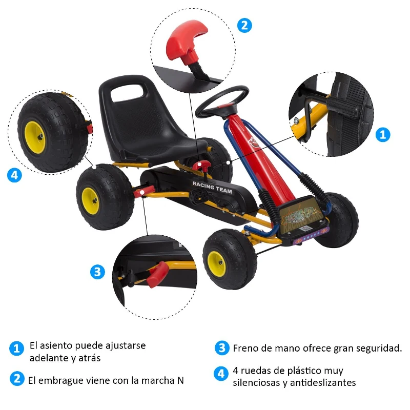 HOMCOM Go Kart Coche de Pedales Racing Deportivo para Niños 3-6 Años con Asiento Ajustable Embrague y Freno 96x68x56cm Acero Negro