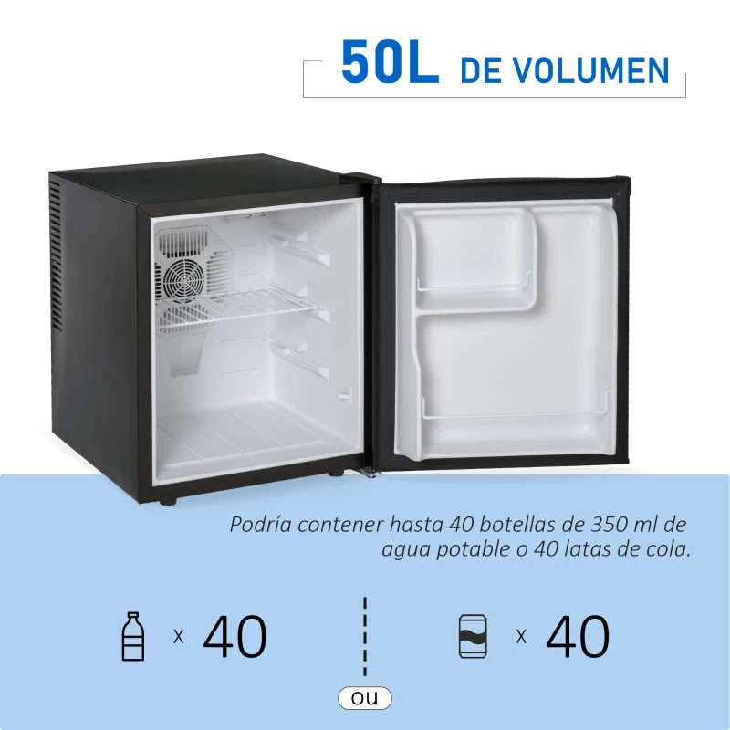 HOMCOM Mini Frigorífico Volumen 50 L con Luz LED Estante Extraíble Ajustable de 3 Niveles 43x48x51 cm Negro y Plata