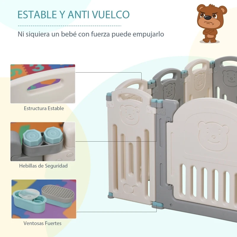 HOMCOM Parque Infantil Bebé con Puerta Corralito Plegable 12 Paneles para Niños de +6 Meses de Forma Flexible Interior y Exterior 108x133x58 cm Gris y Blanco