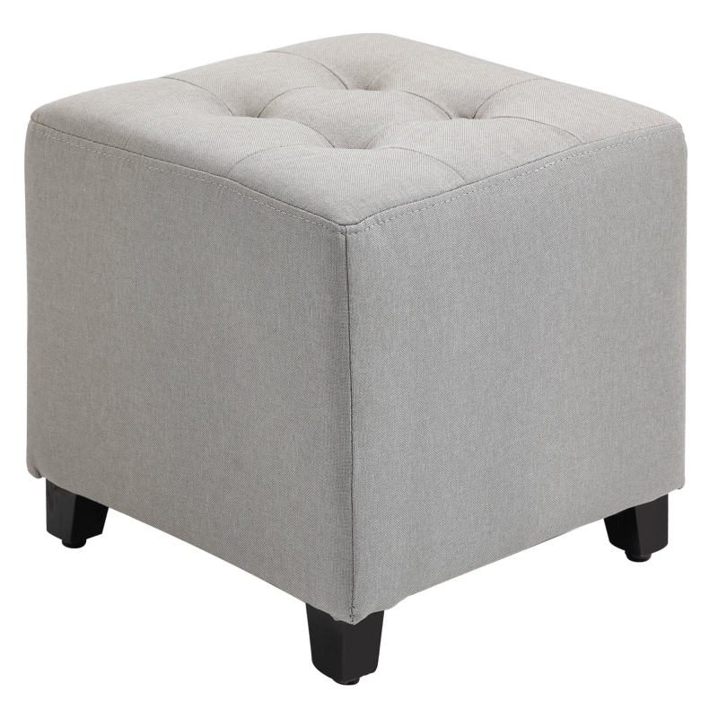 HOMCOM Taburete Bajo Otomana Reposapiés Acolchado con Patas de Madera Maciza Diseño de Botones 35x35x35 cm gris claro