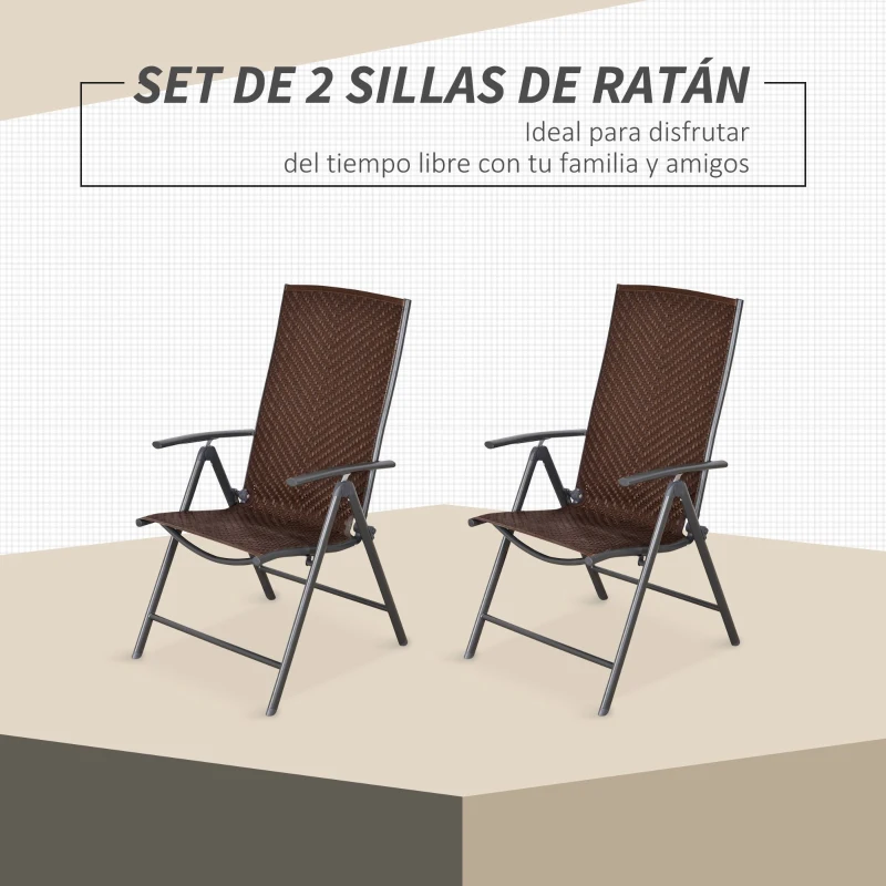 Outsunny Set de 2 Sillas Plegables de Ratán Jardín con Respaldo Alto y Ajustable de 7 Posiciones para Patio Terraza Exteriores 57x67,5x104 cm Marrón
