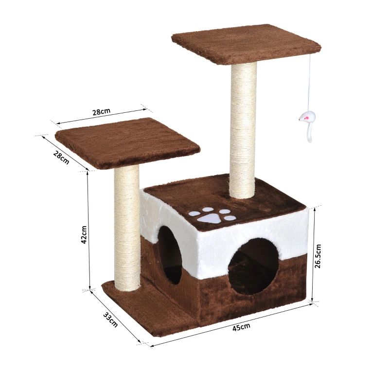 PawHut Árbol Rascador para Gatos Altura 70 cm con Cueva de Felpa Suave 2 Plataformas Postes Rascadores de Sisal Natural y Ratón de Juguete 45x33x70 cm Marrón Café