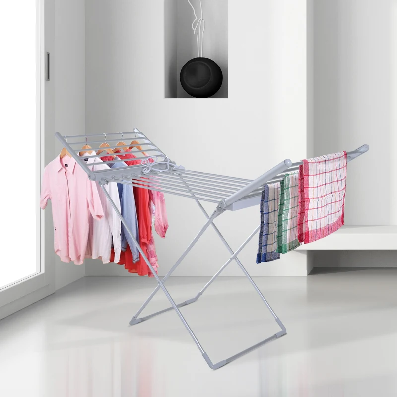 HOMCOM Tendedero Eléctrico Plegable con Alas Secador de Ropa Tendedero de Pie 8 Barras Base en Forma X Extensible 149x54x92cm Aluminio