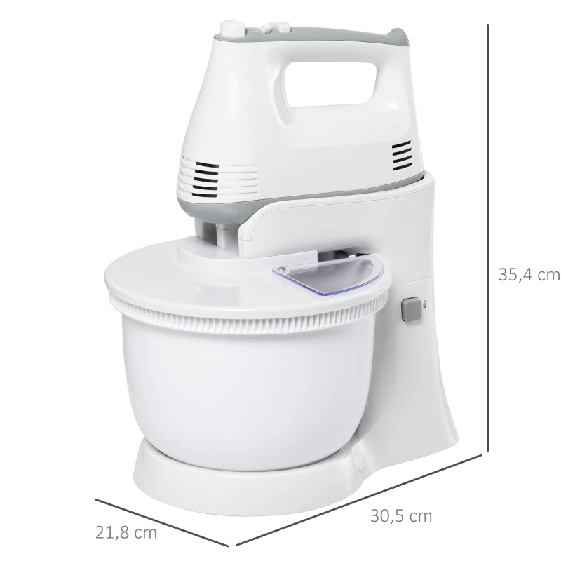 HOMCOM Batidora Amasadora para Repostería Profesional Robot de Cocina Multifuncional 3.4 Litros con 6 Velocidades Incluye 3 cabezales 300 W Acero Inoxidable Blanco