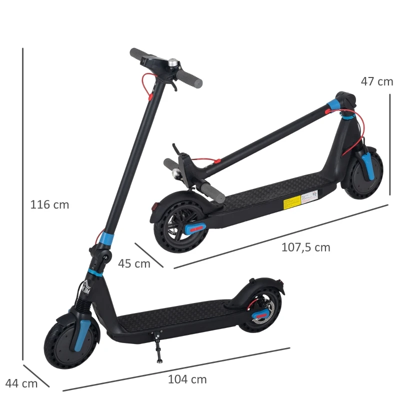 HOMCOM Patinete Eléctrico para Adultos y Adolescentes Scooter Eléctrico Plegable con Ruedas de Caucho Macizo Faro Luz de Freno Carga 120 kg 104x44x116 cm Negro