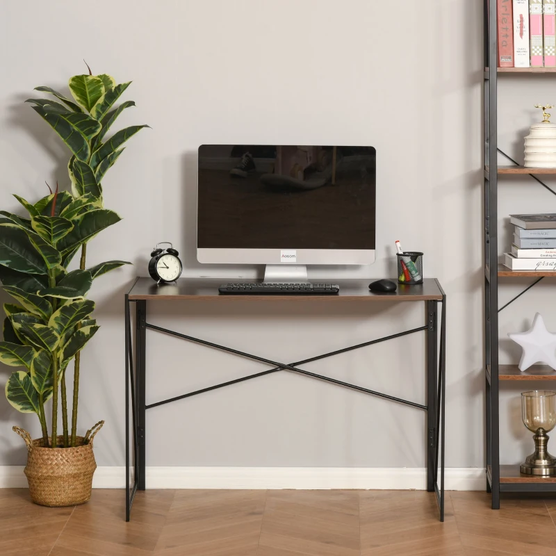 HOMCOM Mesa de Ordenador Escritorio de Oficina con Marco Metálico Plegable en Forma de X Estable Diseño Industrial 100x50x72,5 cm Marrón Rústico