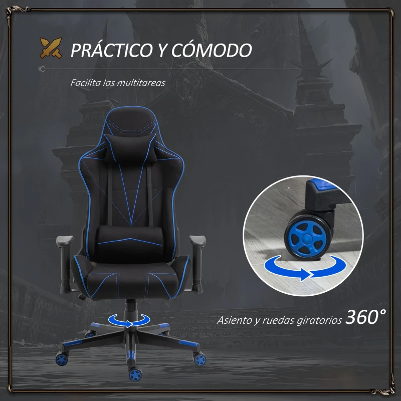 Vinsetto Silla Gaming Ergonómica Silla Reclinable con Altura Ajustable Asiento Giratorio Reposabrazos Ajustable Reposacabezas y Cojín Lumbar 72x77x127-137 cm Negro