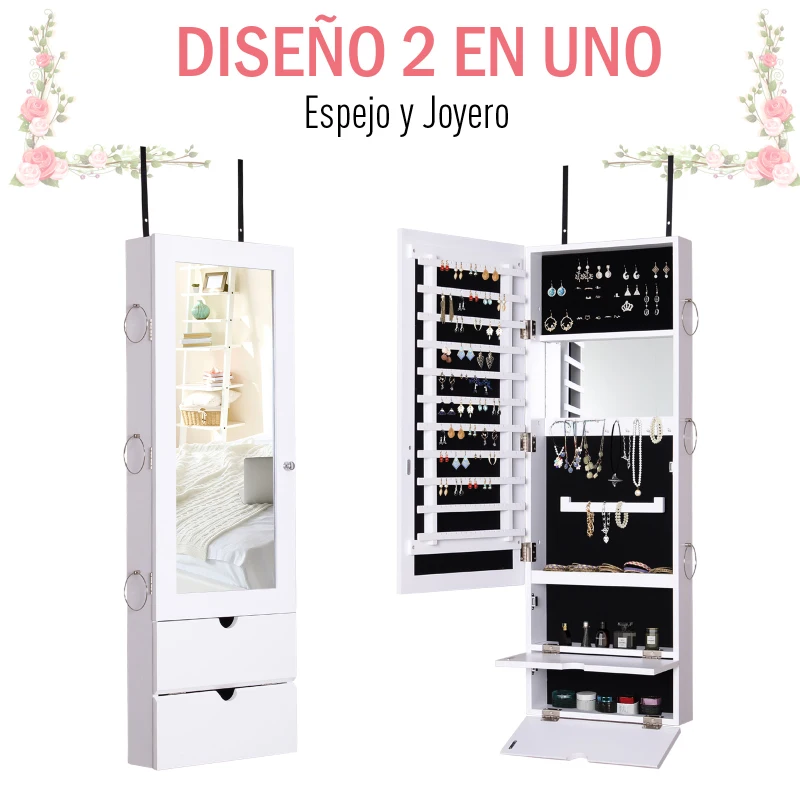 HOMCOM Espejo Joyero Colgante de Pared o Puerta Armario de Joyería con Altura Ajustable 2 Estantes Cerrados con Puertas Abatibles y Organizador de Joyas 35,5x9,5x102 cm Blanco